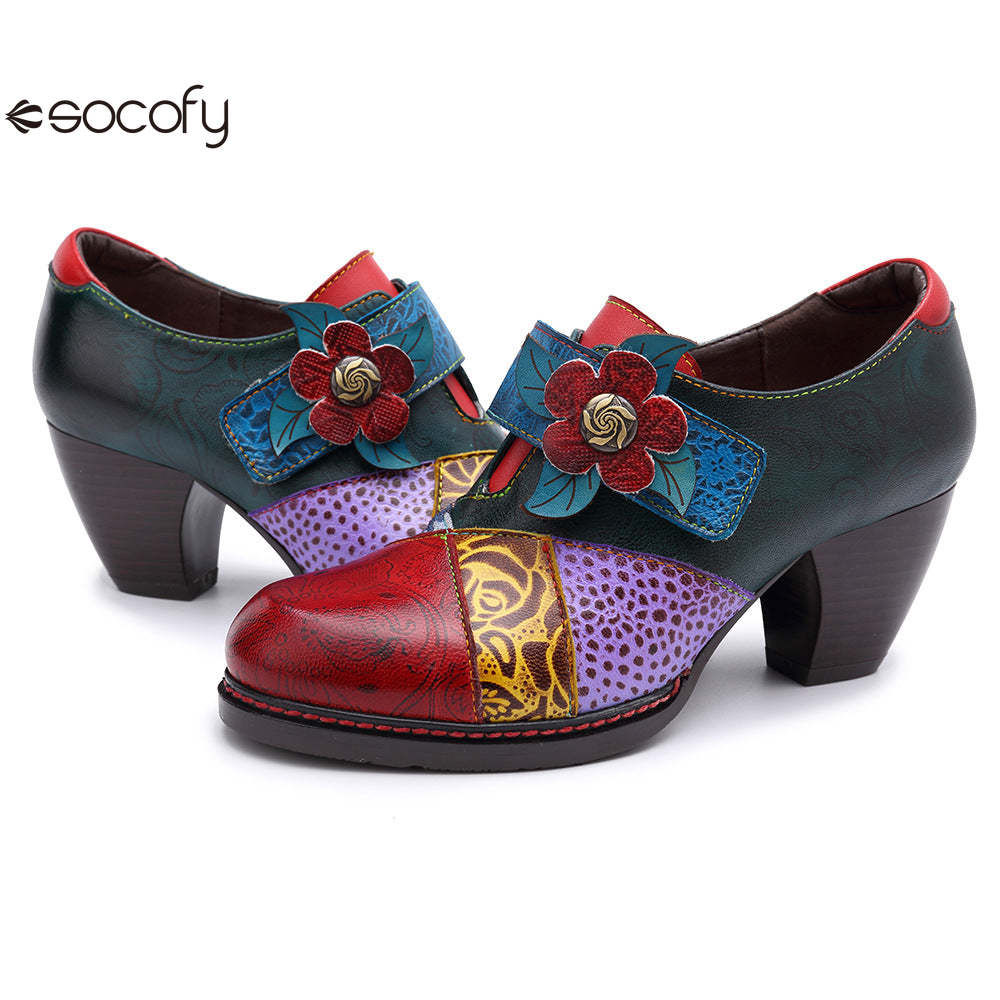 Socofy retro printing splicing ethnic style high heels women's shoes