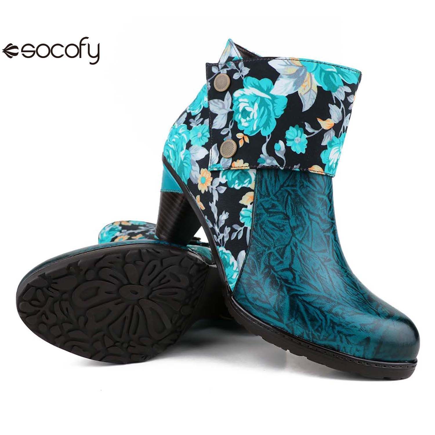 Socofy Autumn ethnic style cowhide thickened mid-calf round toe fashion boots for women