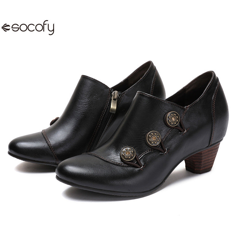 Socofy Vicconfy Genuine Leather Ethnic Style Handmade Vintage Literary Buckle Heels