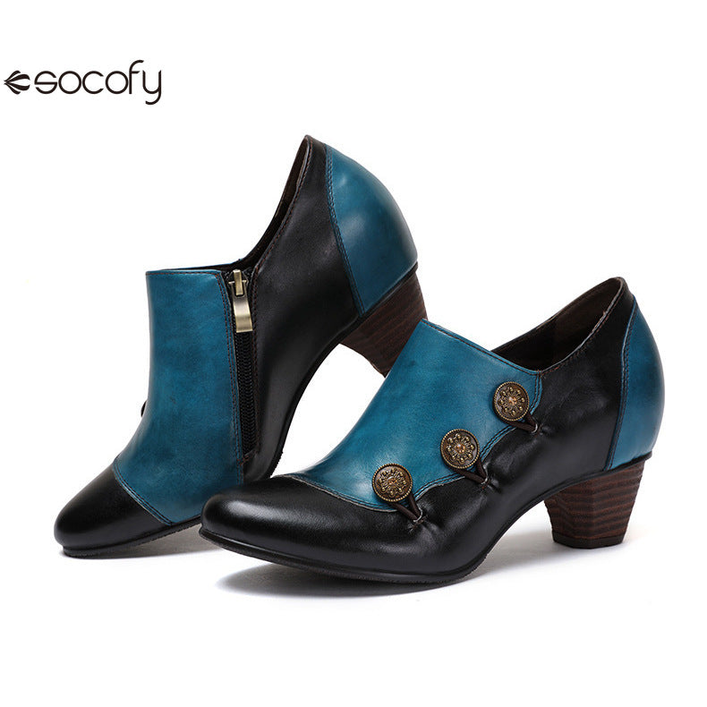 Socofy Vicconfy Genuine Leather Ethnic Style Handmade Vintage Literary Buckle Heels