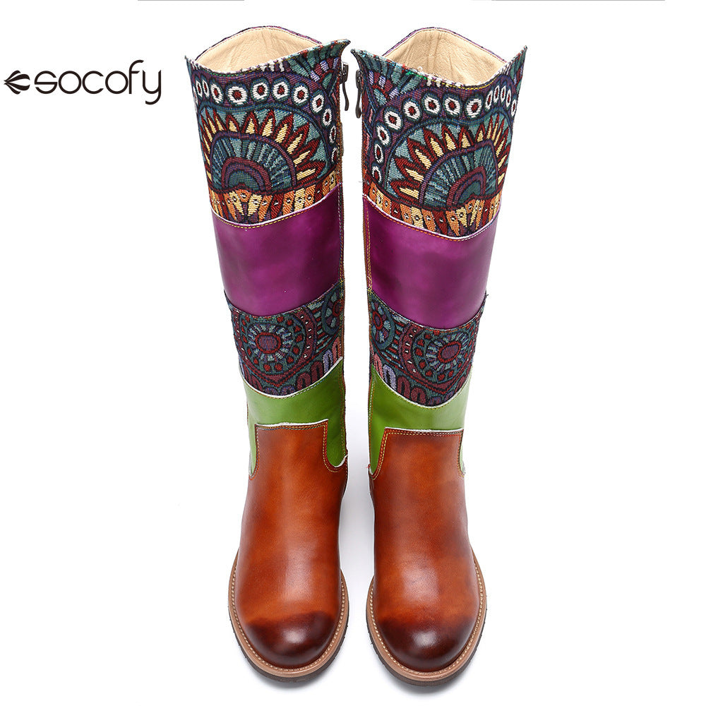 Socofy Vicconfy Genuine Leather Vintage Patchwork Long Warm Boots