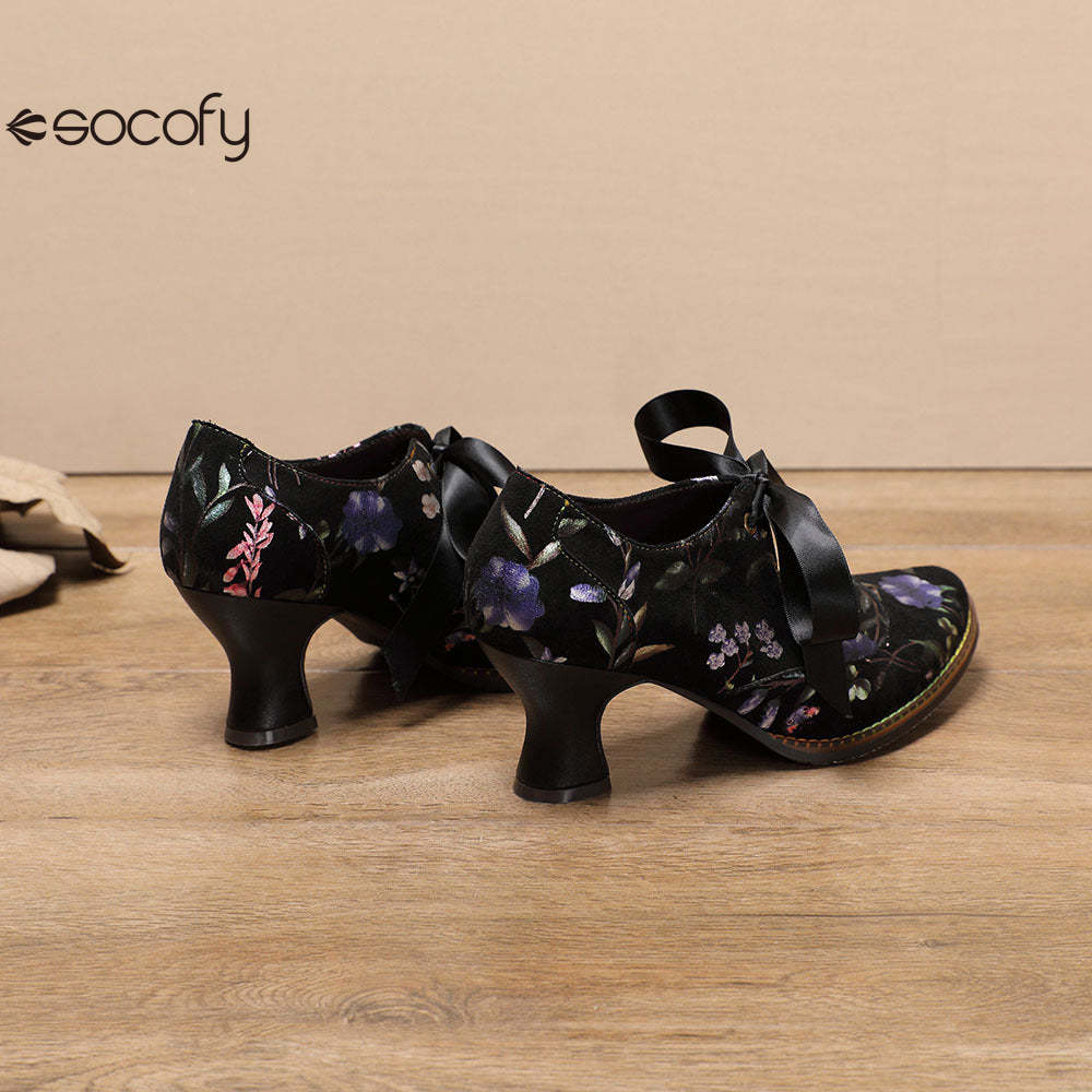 Socofy Flower Antique Style High Heel Round Toe Women's Shoes