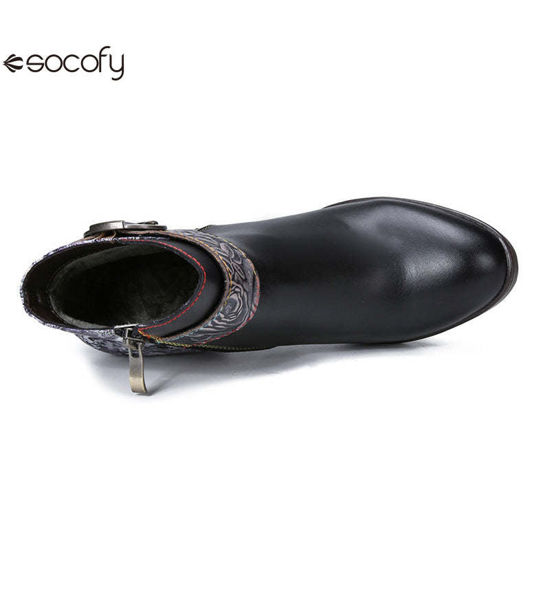 Socofy Vicconfy Vintage Cowhide Leather Boots Fashion Boots Mid Heel Women's Shoes