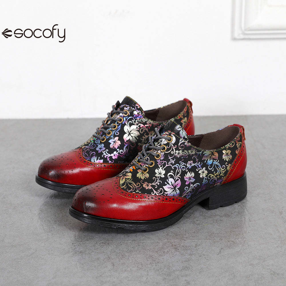 Socofy Ethnic style flower retro cowhide casual women's shoes