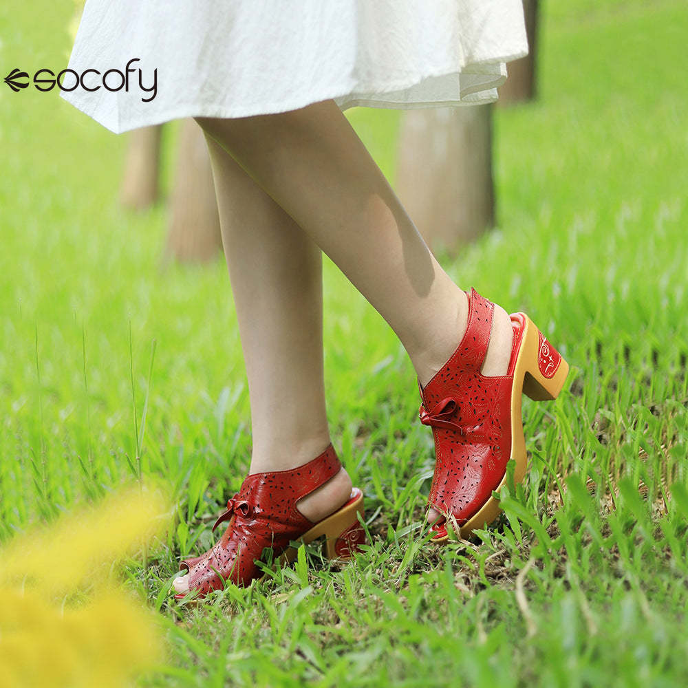 Socofy Summer Leather Retro Hollow Out High Heel Sandals