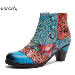 Socofy Women boots Leather Vintage Bohemian Female Retro Printed Buckle Soft Zipper Ankle Boots