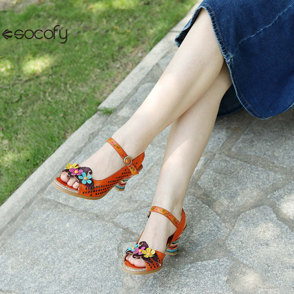 Socofy Summer Genuine Leather Hollow Three-dimensional Flower Comfortable Women's High Heels