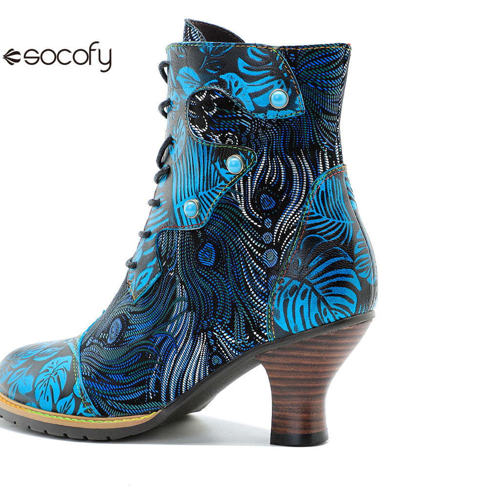 Socofy Autumn and Winter Printed Retro Lace-up Short Heel Women's Boots