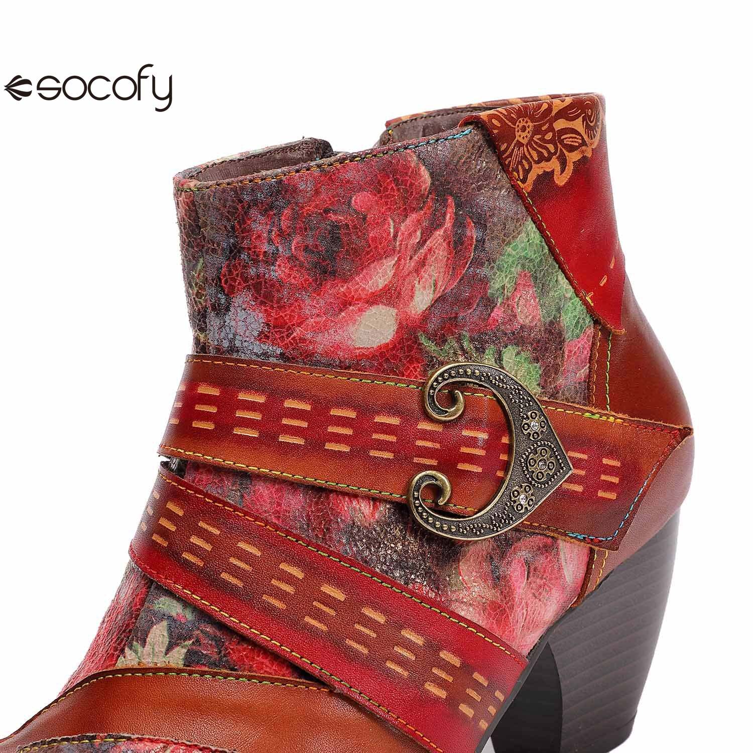 Socofy Retro leather stitching high ethnic style flower women's boots