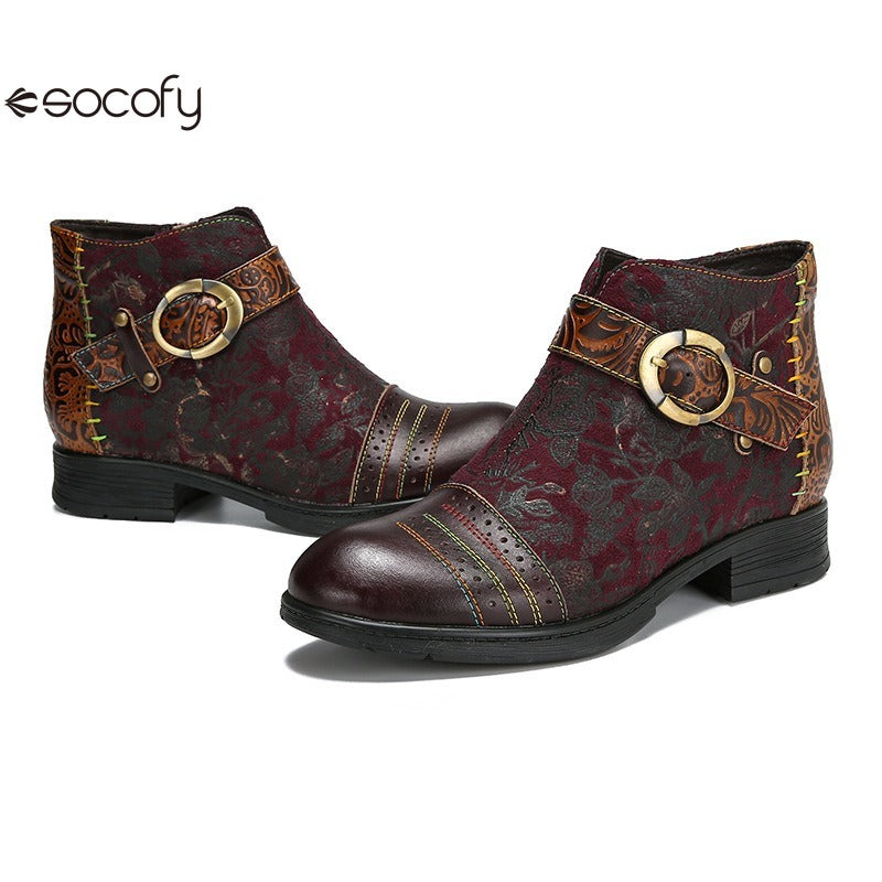 SOCOFY Genuine Leather Ethnic Style Round Toe Belt Buckle Handmade Embossing Short Boots