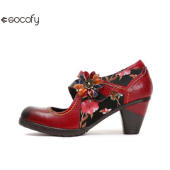 Socofy Vicconfy Colorful Stitching Painted Flower Spring Hook Loop Genuine Leather Spike Heels Round Toe Women Pumps