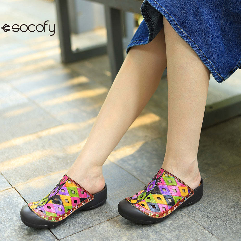 Socofy Genuine leather hand-rubbed casual retro colorful hollow comfortable flat slippers