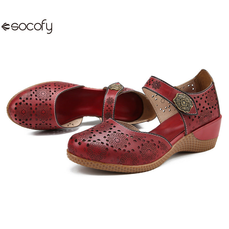 Socofy Genuine leather romantic three-dimensional flowers hollowed out sandals