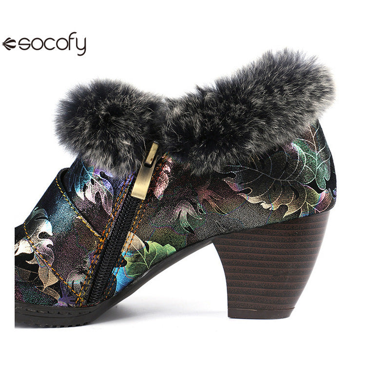 Socofy Vicconfy Genuine Leather Vintage Genuine Wool Patchwork Vintage Illusion Pumps