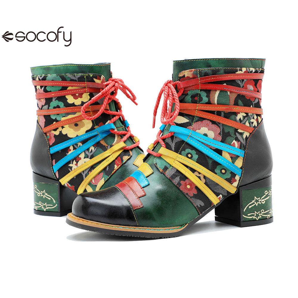 Socofy Vicconfy Handmade Genuine Leather Printed Patchwork Colorful Strappy Chunky Heel Women's Boots