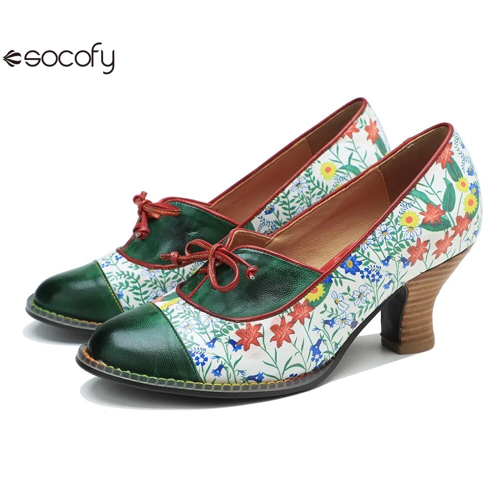 Socofy Vintage Printed Genuine Leather Block Mid Heel Ankle Hook Loop Pumps