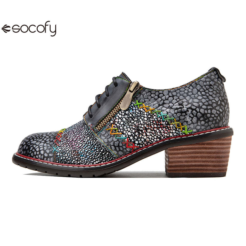 Socofy spring leather zipper Deco Chunky Heels women's shoes