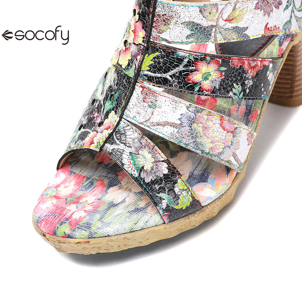 Socofy Vicconfy Leather Floral Heeled Black Sandals