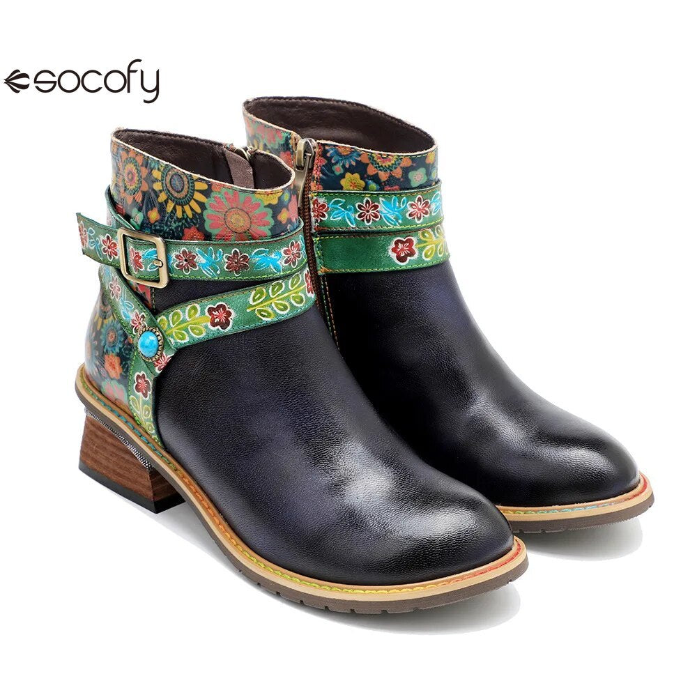 SOCOFY Belt Buckle ZIP Genuine leather Flower Splicing British Style Ankle Boots