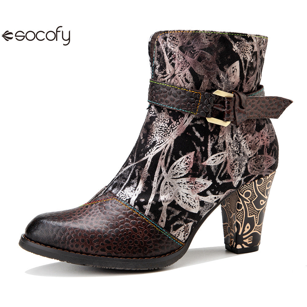 Socofy Vicconfy Genuine Leather French Vintage Print Heeled Women's Boots