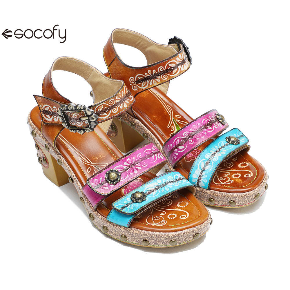 Socofy Summer Leather Retro Rivet Clash Colour High Heeled Sandals