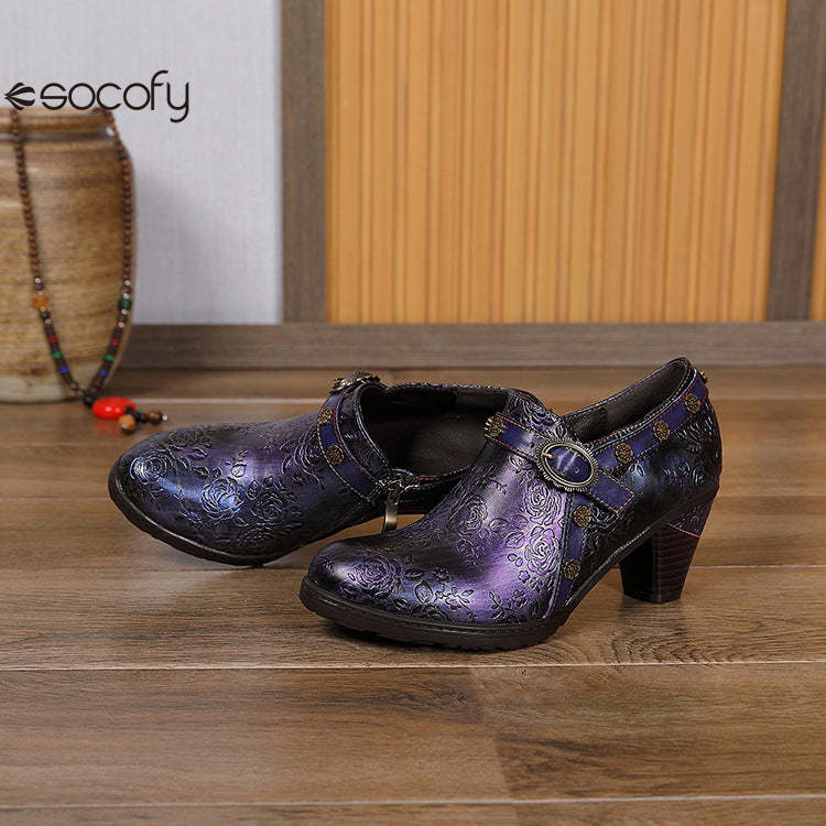 Socofy Ethnic style thick heel retro shoes pumps