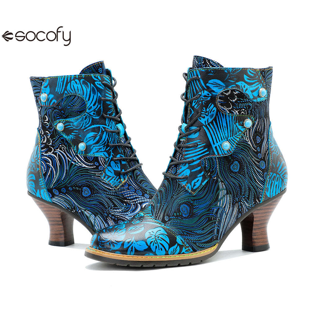 Socofy Autumn and Winter Printed Retro Lace-up Short Heel Women's Boots