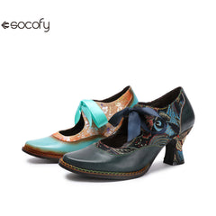 Socofy Summer flower blue ethnic style high-heeled ribbon lace-up women's shoes