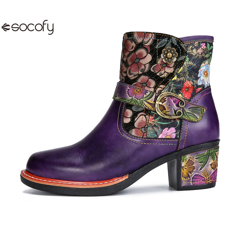 Socofy Vicconfy Genuine Leather Cubic Embossed Romantic Vintage Floral Heeled Ankle Boots