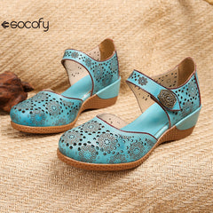 Socofy Genuine leather romantic three-dimensional flowers hollowed out sandals