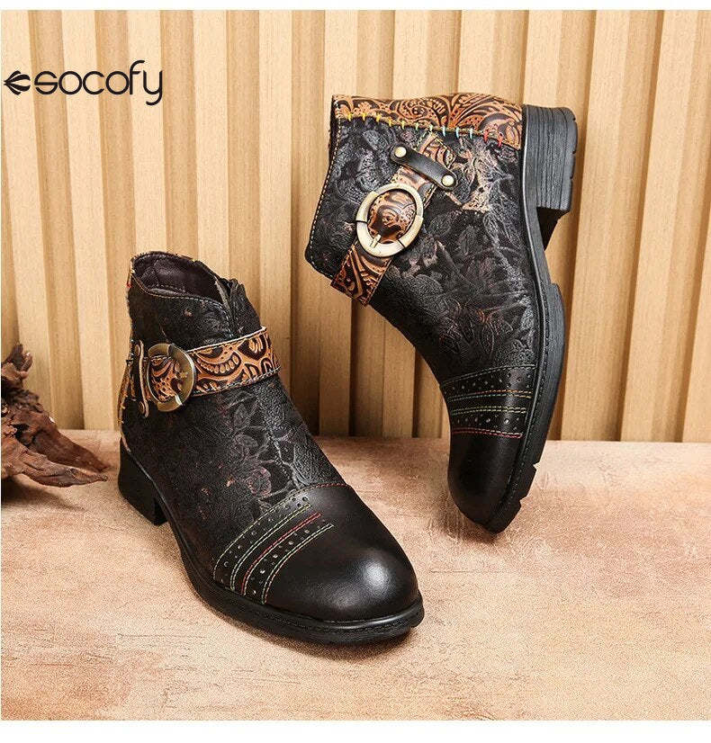 SOCOFY Genuine Leather Ethnic Style Round Toe Belt Buckle Handmade Embossing Short Boots