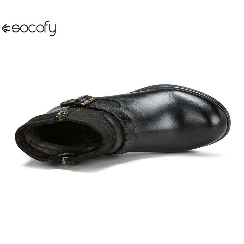 Socofy Vicconfy Women's Round Toe Cowhide Ethnic Leather Boots Fashion Boots