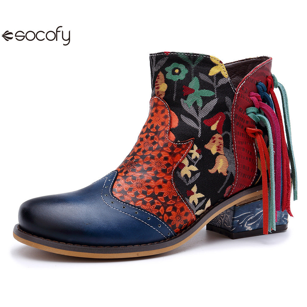 Socofy Vicconfy Leather Printed Fringe Cowboy Boots