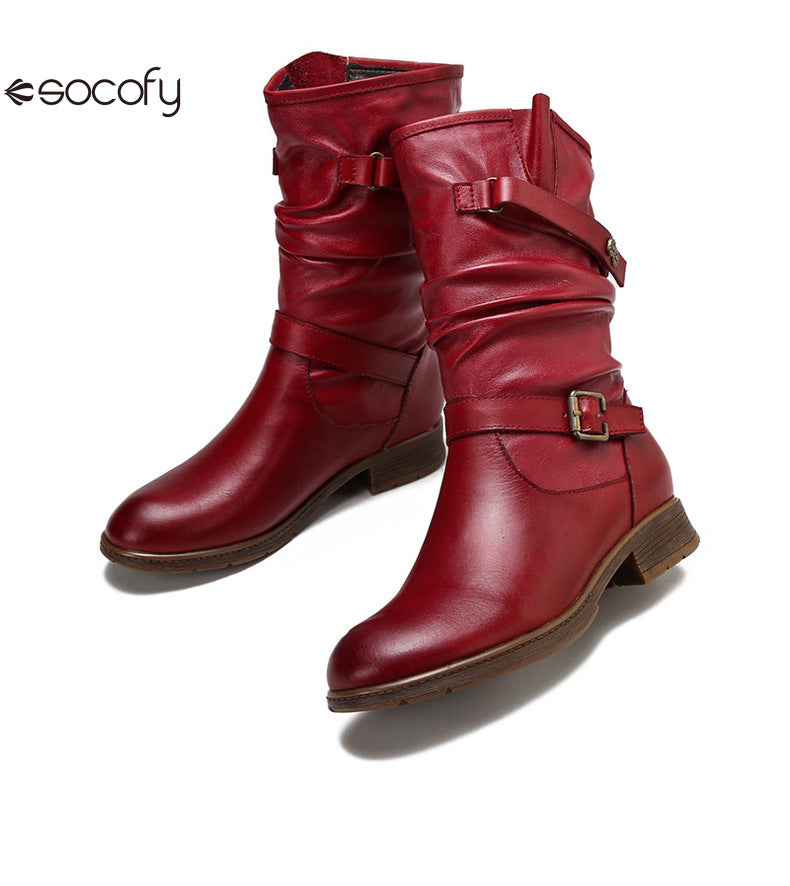 Socofy Vicconfy Genuine Leather Buckle Deco Cowhide Flat Long Boots