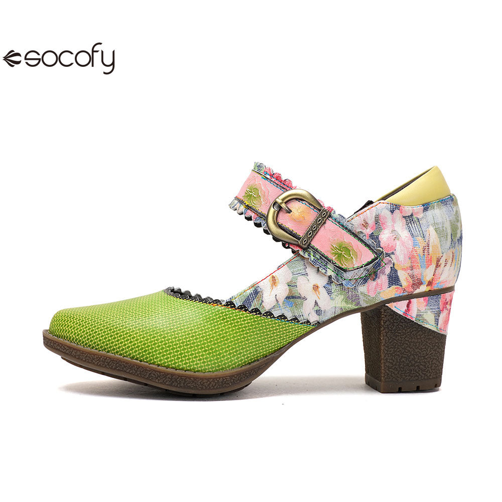 Socofy Vicconfy Floral Leather Women's Mary Jane Heel