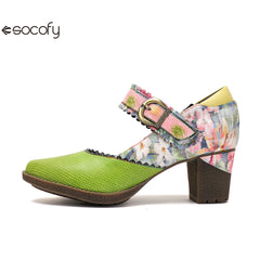 Socofy Vicconfy Floral Leather Women's Mary Jane Heel