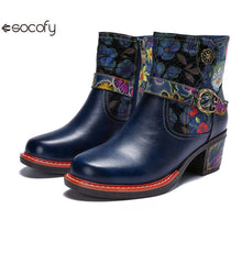 Socofy Vicconfy Genuine Leather Cubic Embossed Romantic Vintage Floral Heeled Ankle Boots