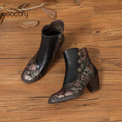 Socofy Leather Retro Flowers Fashionable Zipper Heel Boot