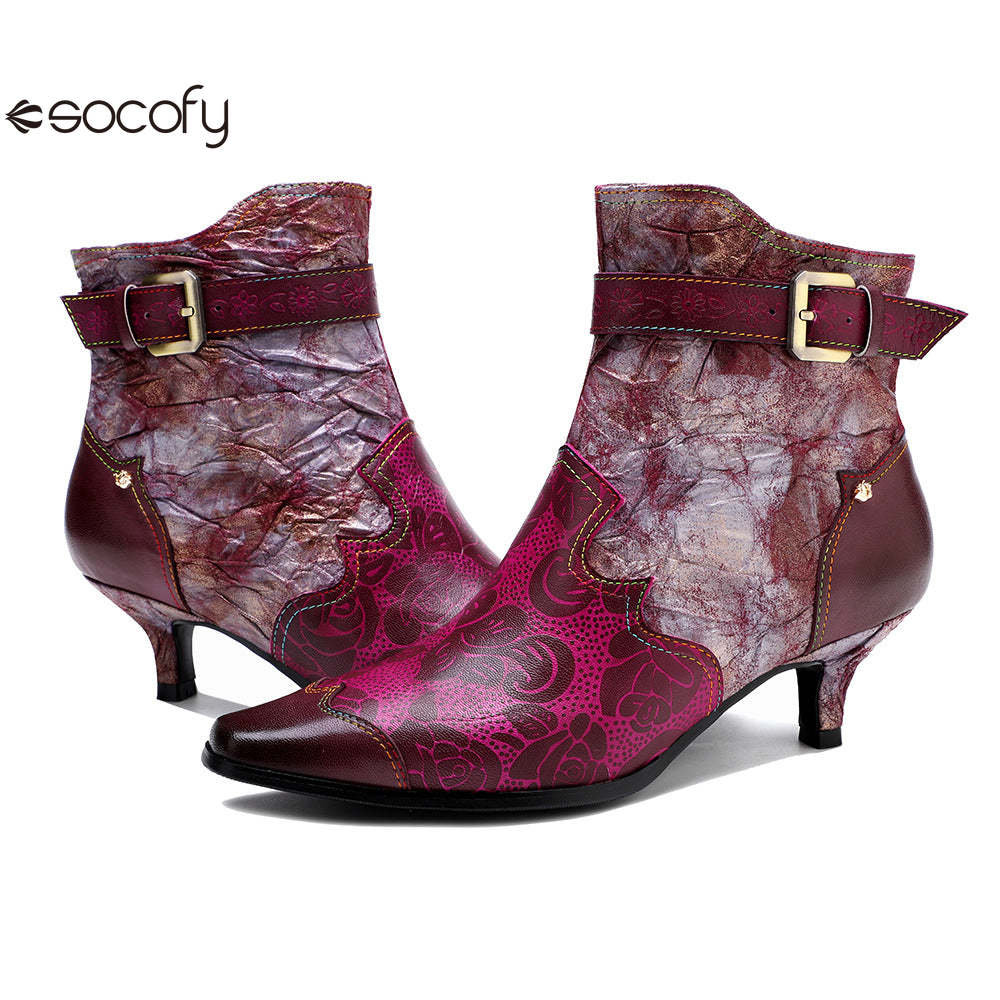 Socofy Leather Printed Patchwork Belt Buckle Slim Heel Women's Boots