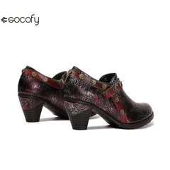 Socofy Ethnic style thick heel retro shoes pumps