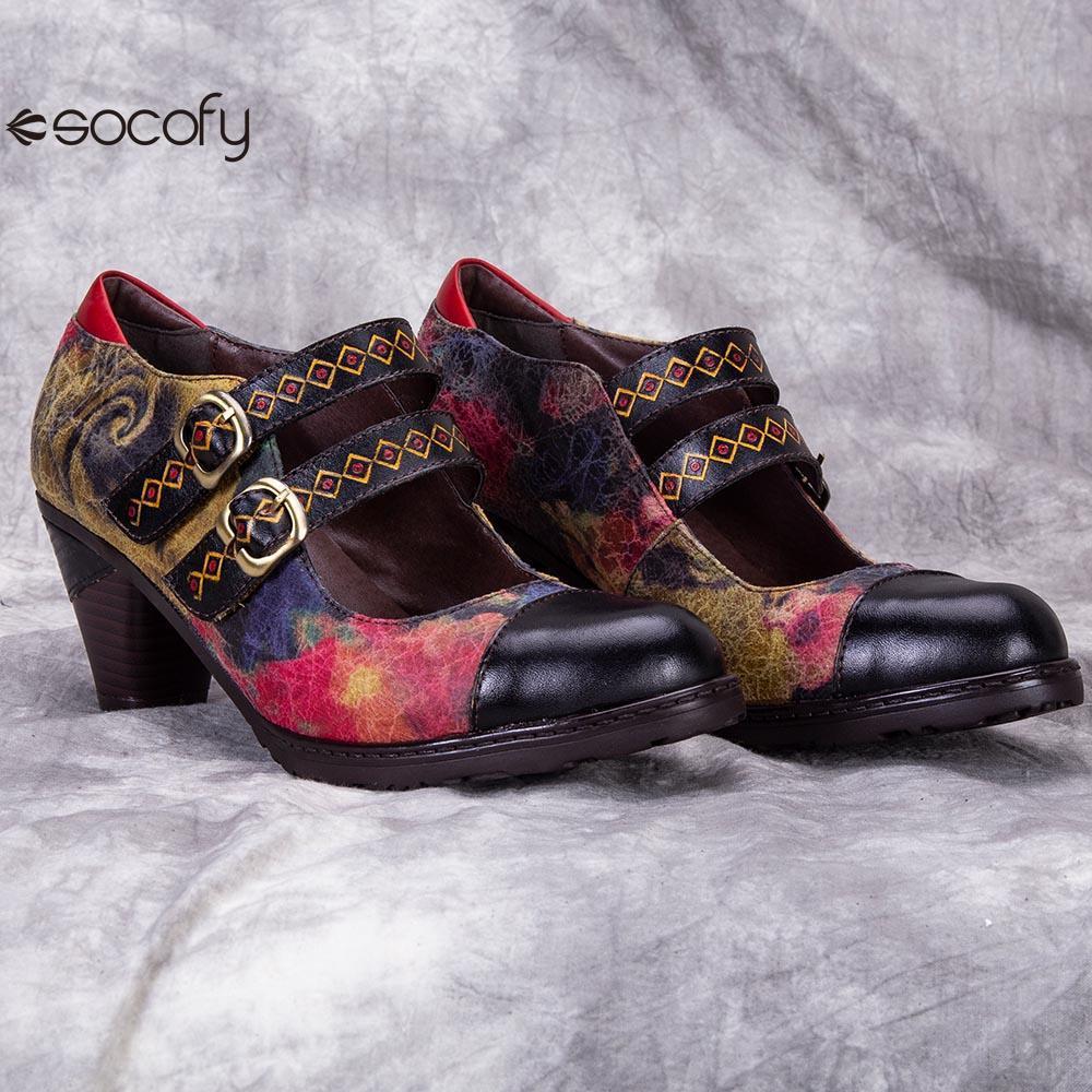 Socofy ethnic style retro genuine leather high heels women's shoes