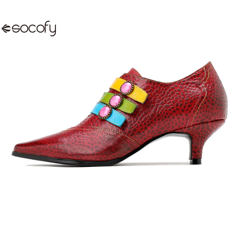 Socofy Red Leather Vintage Buckle High Heels Women's Shoes