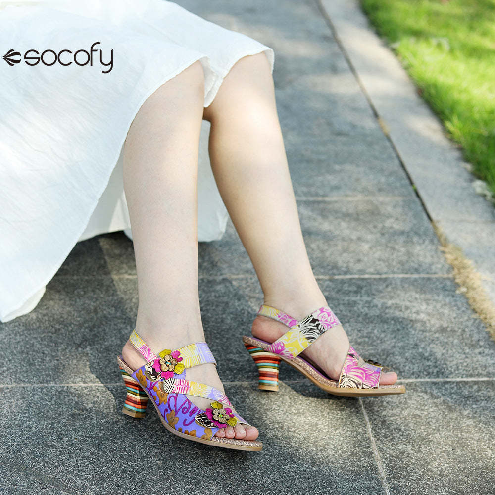 Socofy new summer style genuine leather retro three-dimensional flower rainbow and wine glass sandals for women