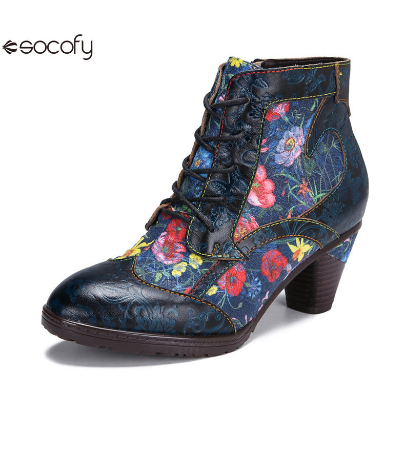 Socofy Vicconfy Vintage Floral Cowhide Ethnic Women's Leather Boots