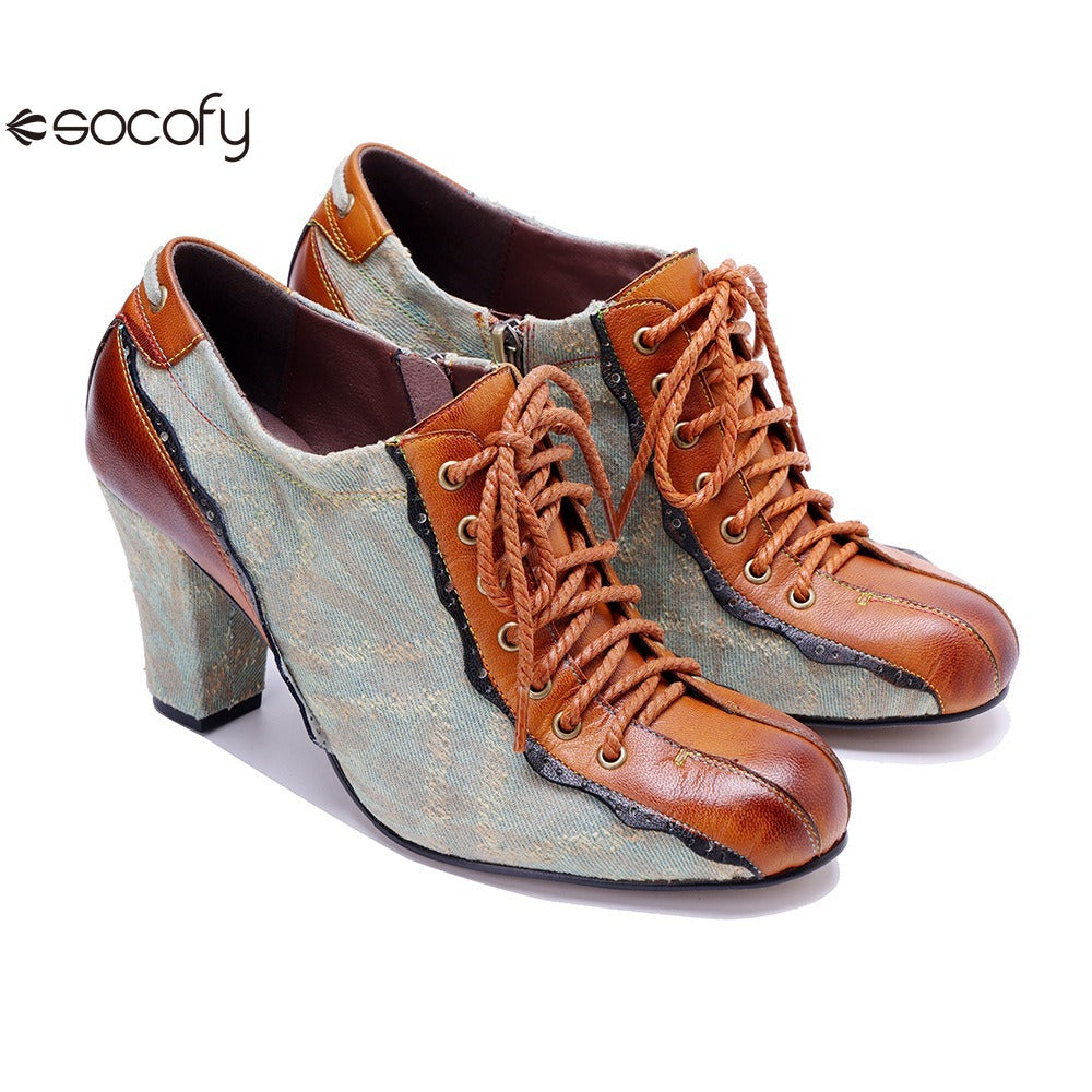 Socofy Genuine Leather Retro Fashion Lace Up Heels pumps