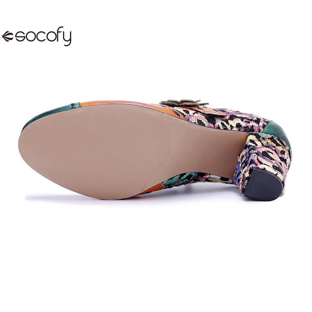 Socofy Genuine Leather Vintage Floral Chunky Heeled Women Pumps