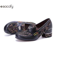 Socofy Leather Patchwork Comfortable Chunky Heeled Loafers Shoes