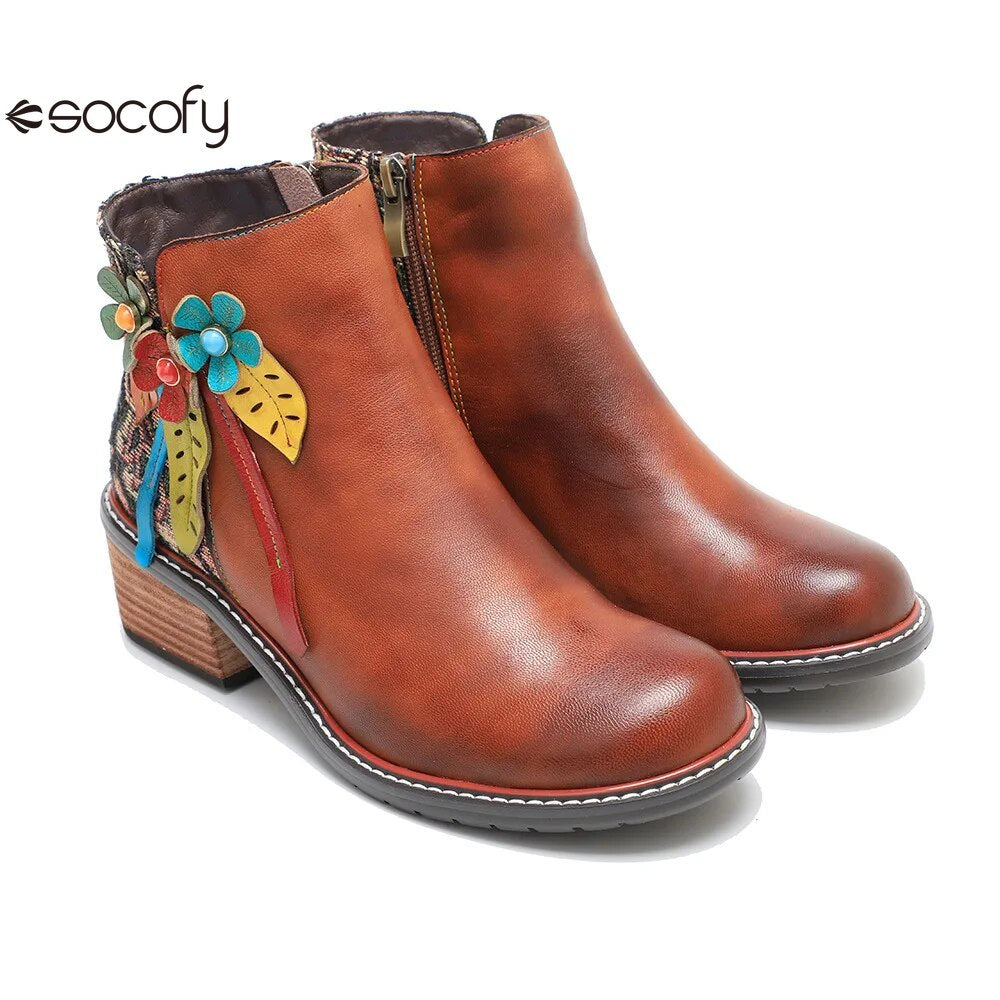 SOCOFY Winter New Round Toe Patchwork Handmade Ankle Boots