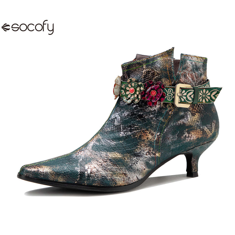 Socofy Retro British style metal texture low heel women's short boots