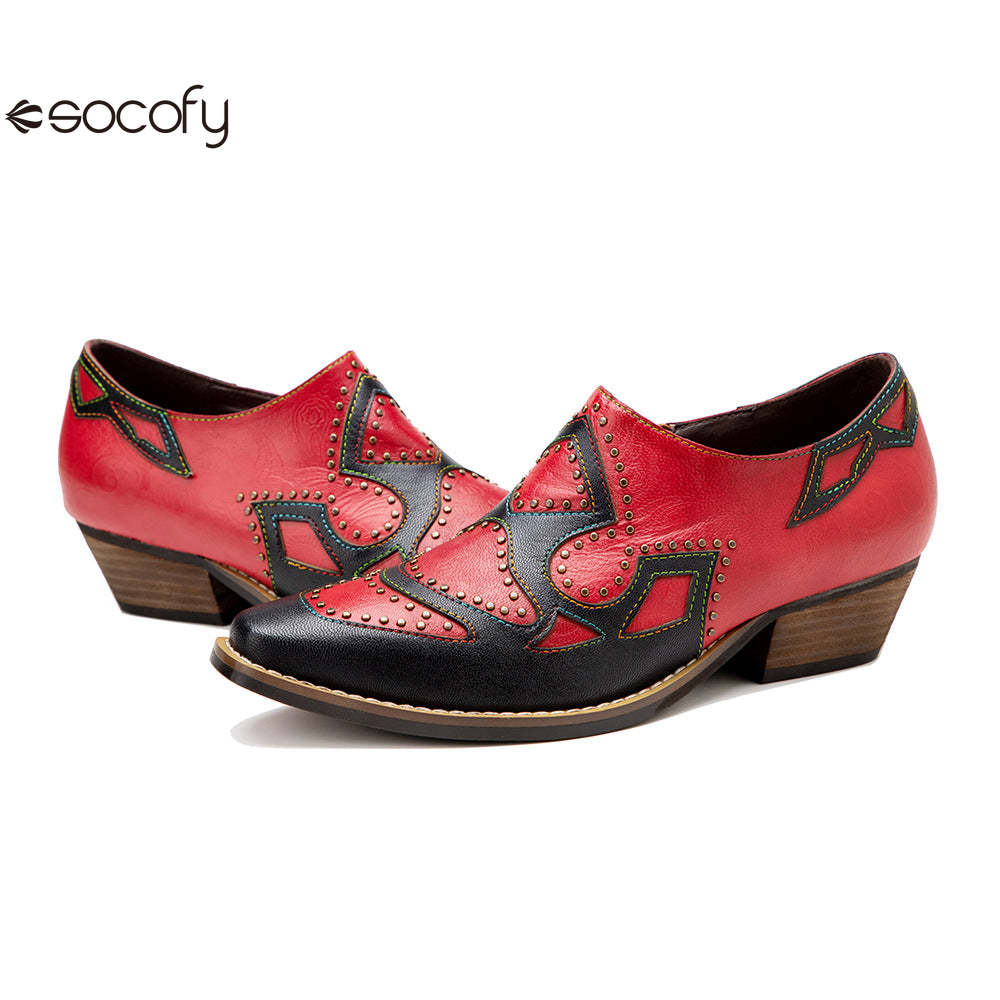 Socofy Genuine Leather Retro Round Rivet Deco Shallow Flat Shoes